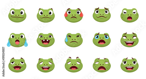 A collection of cute cartoon frog emojis expressing a variety of emotions, perfect for digital communication and creative projects