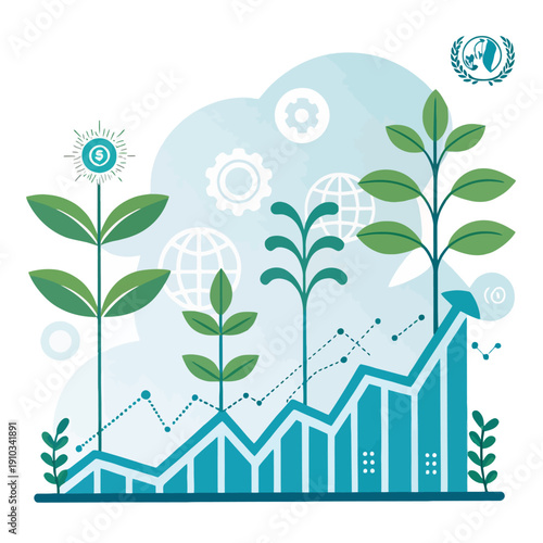 Illustrative concept of sustainable green business growth, showing thriving plants emerging from a rising financial graph, symbolizing eco-friendly investment, global progress, and a prosperous future