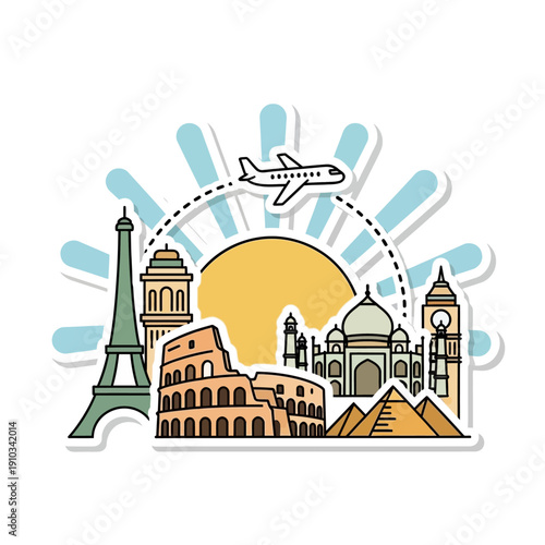 Embark on a global adventure with this vibrant illustration showcasing iconic world landmarks and a flying airplane, perfect for travel and tourism concepts