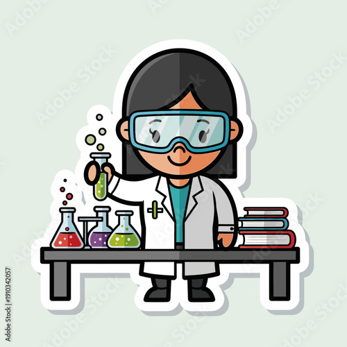 Flat illustration of a female scientist conducting a chemistry experiment. She holds a test tube in a lab with flasks and books, symbolizing scientific learning