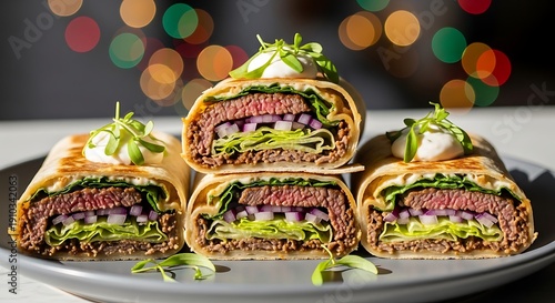 Delicious beef and vegetable wraps cut in half on a plate with garnish