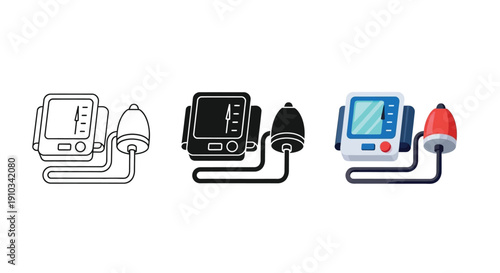 Collection of three digital blood pressure monitor icons displaying measurement readings in various styles for healthcare concepts