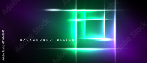 Vibrant neon rectangles overlap dark background. Gradient transitions from purple to green create futuristic aesthetic. Minimalist design.