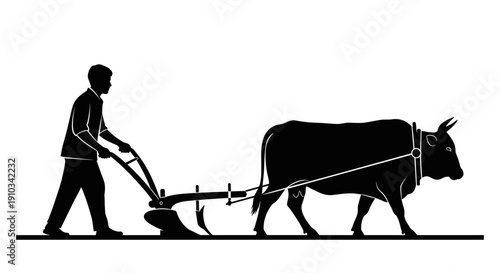 Farmer Plowing Field with Oxen Illustration 1.