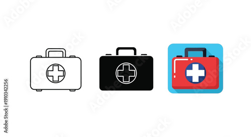 Collection of three first aid kit icons in outline solid and flat style representing emergency medical readiness and healthcare services