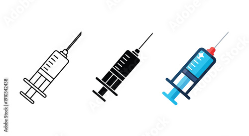 Collection of three medical syringe icons illustrating liquid injection tools in outline solid and color styles