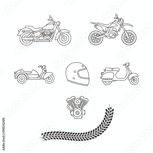 Motorcycle Vector Line Art Set with Scooter, Dirt Bike, Sidecar, Helmet, Engine & Tire Tracks