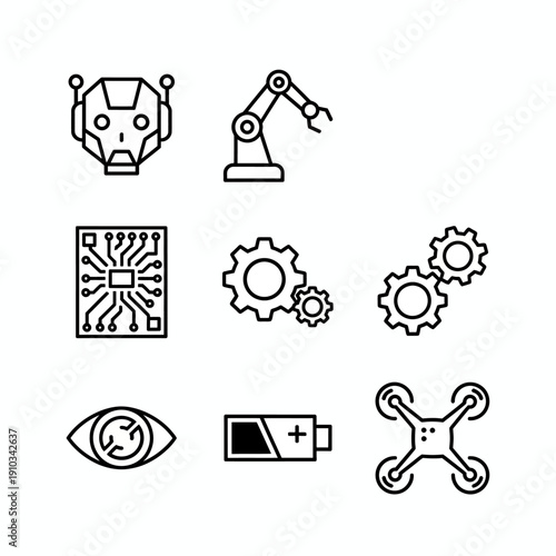 Artificial Intelligence, Robotics, Automation, and Modern Technology Line Icons Set for Engineering and Digital Innovation Concepts
