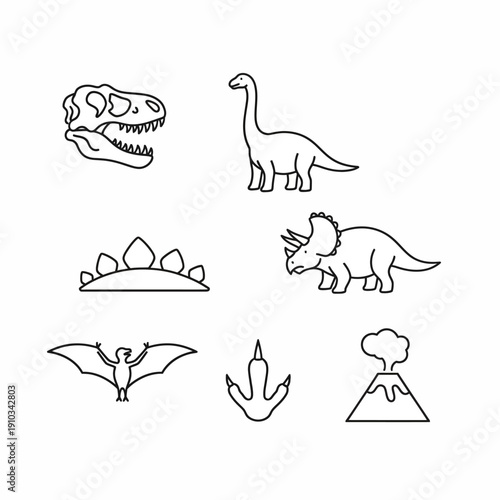 Dinosaur Prehistoric Elements Line Art Icons Set. Simple vector outline collection: T-Rex skull, Brontosaurus, Triceratops, Pterodactyl, footprint, volcano.