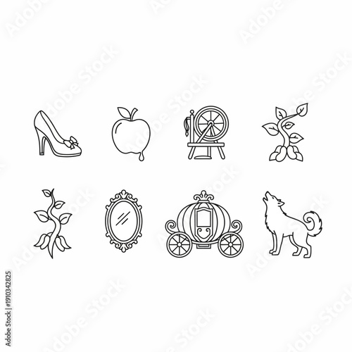 Fairy tale elements line icons set. Outline illustrations of magic carriage, glass slipper, poisoned apple, spinning wheel, wolf, mirror, and beanstalk symbols.