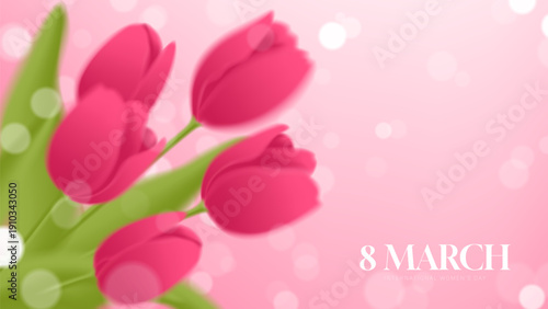 Delicate 8 March greeting card design. Glowing bokeh lights and soft-focus pink tulips on pink background. Ideal for International Women's Day invitations, social media posts, cards, covers.