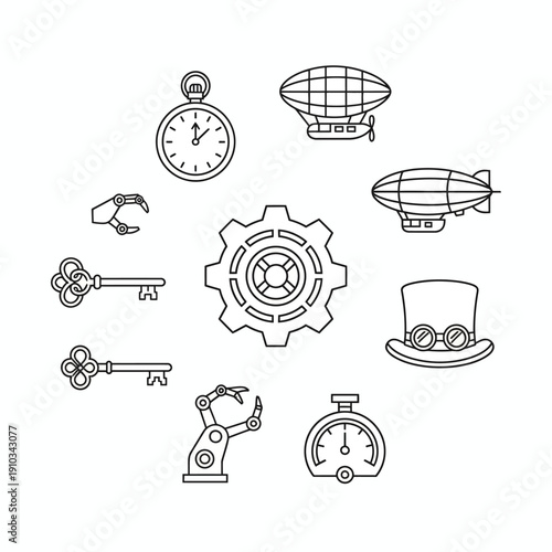 Steampunk style line art icon set featuring vintage mechanical elements, airships, gears, keys, robot arms, and a top hat with goggles.