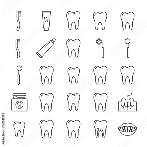 Dental Health and Oral Hygiene Line Icons Set. Vector illustrations of teeth, toothbrush, toothpaste, and dental care tools for dentistry.