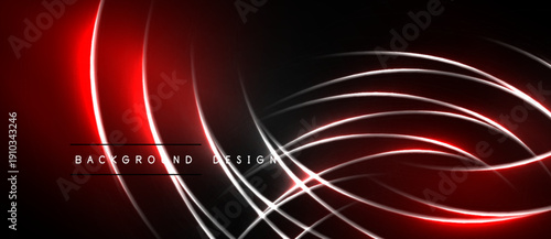 Abstract neon lines create dynamic, flowing patterns over dark background. Red, white curves suggest energy, movement.