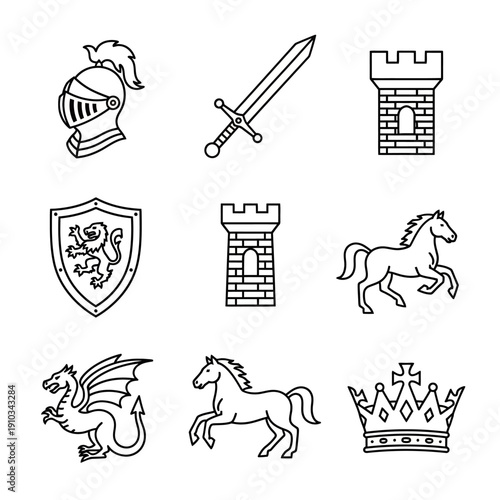 Medieval Fantasy Kingdom Line Art Icons Collection. Includes Knight Helmet, Sword, Castle, Shield, Dragon, Horse, and Crown.