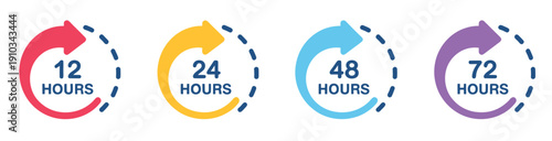 Set of Clock with 12, 24, 48, 72 Hours, time icons with arrows illustrating fast delivery service, shipping deadlines, logistics schedules, express transport concepts, and professional vector graphics