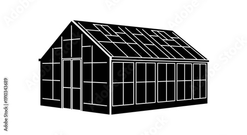 Greenhouse Structure with Glass Panels and Roof.