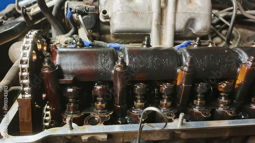 Bilde på lerret Disassembled car engine with camshaft and valves.