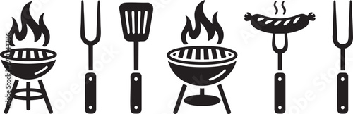 BBQ Grill And Barbecue Tools Icon Set Fork Spatula Sausage Silhouette