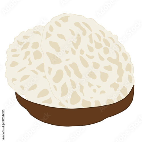 Indonesian traditional garlic crackers known as Kerupuk Bawang, crispy white snack illustration in a brown bowl, isolated on white background.