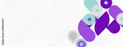 Abstract shapes, purple, teal, gray. Minimalist design, clean lines, modern aesthetic. Simple composition, geometric forms, balanced layout.