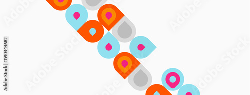 Colorful geometric shapes cascade diagonally across white background. Circles, squares, rectangles create playful pattern. Simple design.