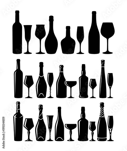 Alcohol bottle and glass silhouettes set for bar and restaurant menu
