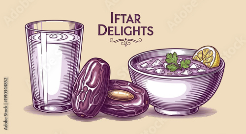 A serene illustration of dates and refreshing drinks for iftar meal, captured from a top view.