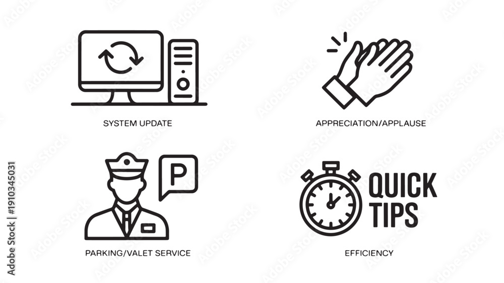 Fototapeta premium Minimalist black and white vector icons for productivity and service branding featuring a system update, clapping hands appreciation, valet parking, and efficiency stopwatch.