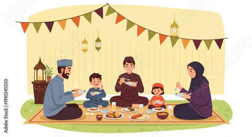 Family Gathering for Meal Celebration under Decorated Tent with Traditional Clothing and Festive Atmosphere from a Slightly Elevated Viewpoint