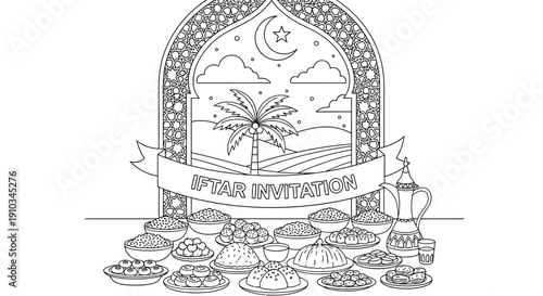 An ornate Ramadan invitation card featuring traditional foods and a serene desert landscape with a crescent moon