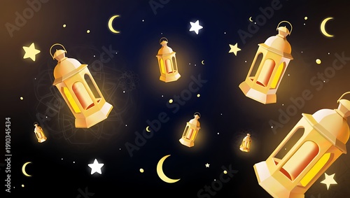 Ramadan Kareem Luxury Greeting Background Collection featuring Glowing Golden Fanous Lanterns, Crescent Moons, and Shimmering Stars on Elegant Deep Teal and Night Blue Gradient Backdrops