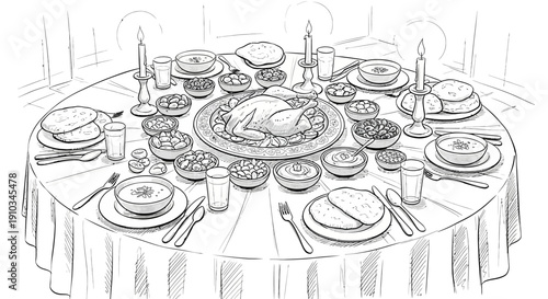 A round dining table set for a festive meal with a roasted turkey at the center, surrounded by plates, glasses, and silverware