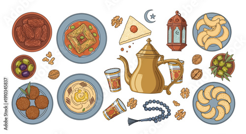Traditional Middle Eastern cuisine and beverages displayed on a table with ornate plates and a teapot
