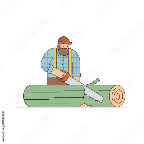 Man using handsaw to cut log in outdoor workshop setting  
