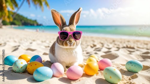 Bunny wearing sunglasses sits on a tropical beach with colorful Easter eggs