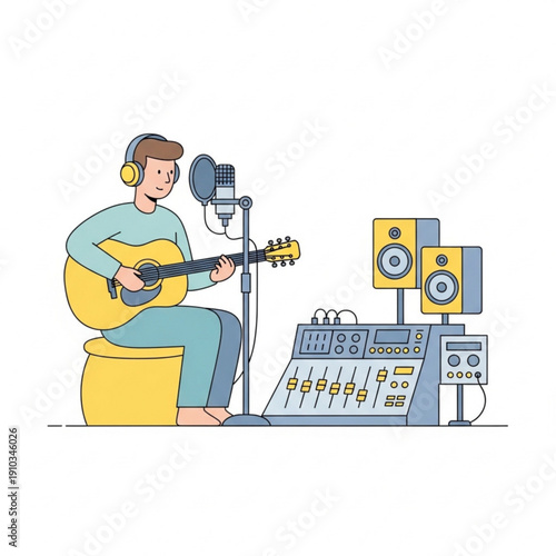 Young man playing guitar while recording music in home studio  