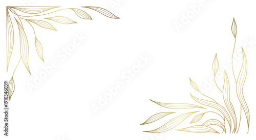 Frame with golden line art branches and leaves. Abstract floral background. Corner decor. Vector illustration