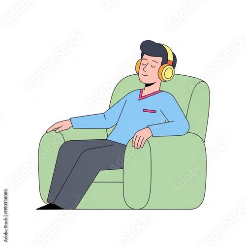 Young man relaxing in an armchair while listening to music  