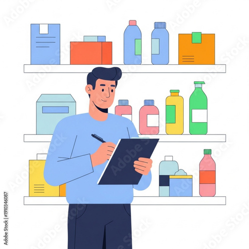 Man taking inventory while holding a notepad in a storage area  
