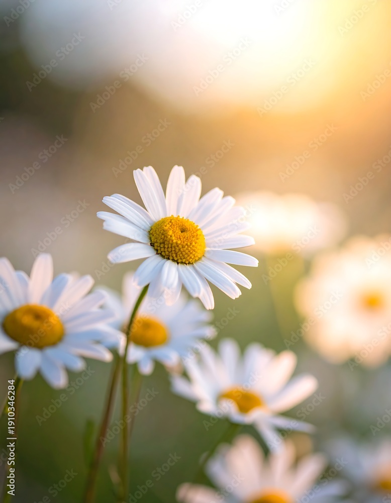 Naklejka premium Close-up of white daisies with yellow centers in soft sunlight