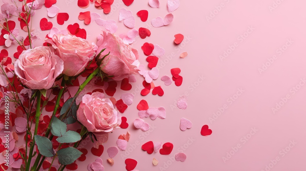 Fototapeta premium Beautiful arrangement of fresh pink roses surrounded by pink and red heart-shaped petals on a soft pink background, perfect for romantic occasions and celebrations