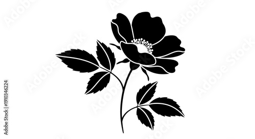 Black flower blossom silhouette illustration featuring bold petals and detailed leaves in a clean botanical composition. This minimal yet elegant floral artwork represents natural beauty, artistic exp