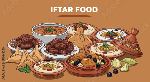 Traditional Iftar meal illustration featuring various Middle Eastern dishes, dates, and fruits arranged on a table, top view