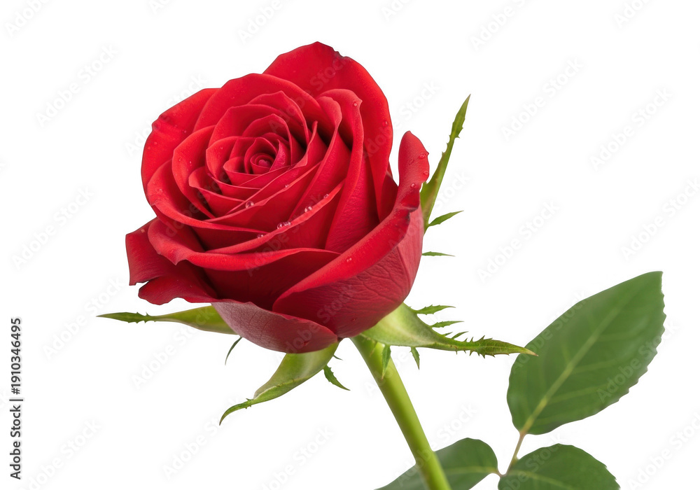 Fototapeta premium Single vibrant red rose with water droplets isolated on transparent background