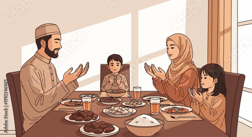 Family gathered around the dinner table praying together before meal in a bright dining room with large windows