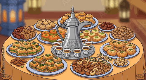 A traditional Middle Eastern feast with a teapot and various dishes on a round table