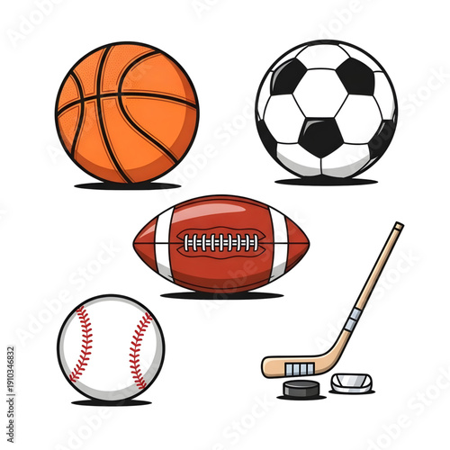 Vector Sports Equipment Set: Basketball, Soccer, American Football, Baseball, and Ice Hockey Icons on Grey Background