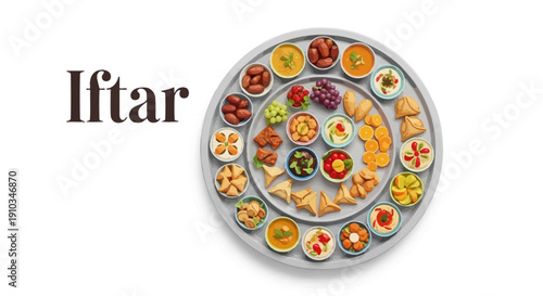 Traditional Iftar meal setup on a decorative platter, showcasing various Middle Eastern dishes from a top-down view
