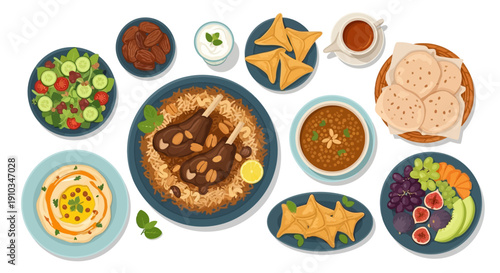 Assorted international cuisine arranged on multiple plates and bowls, captured from a top-down viewpoint